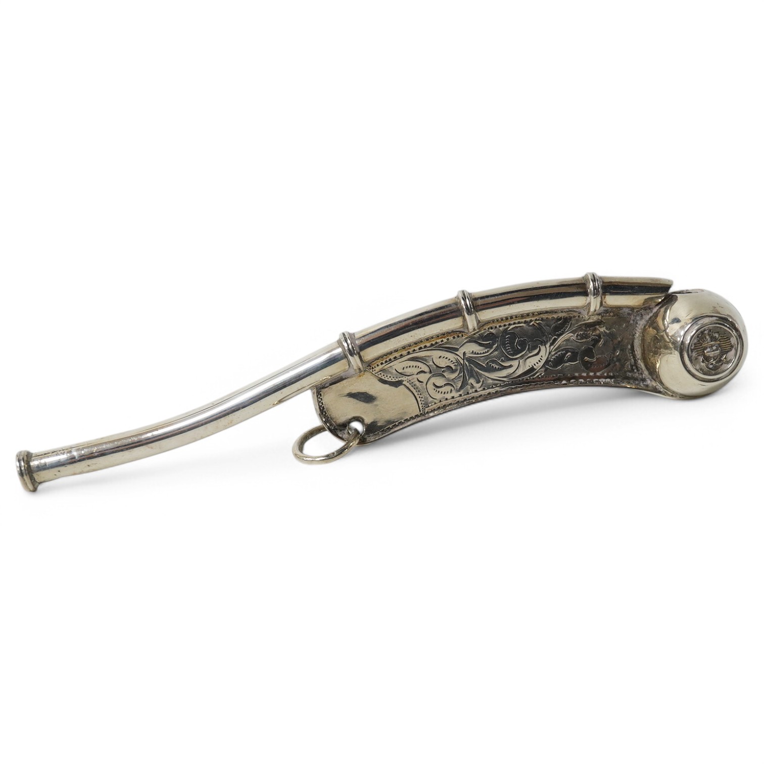 An Edwardian silver bosun's call, J. Hudson & Co, Birmingham, 1905, 12.8cm (repair). Condition - poor